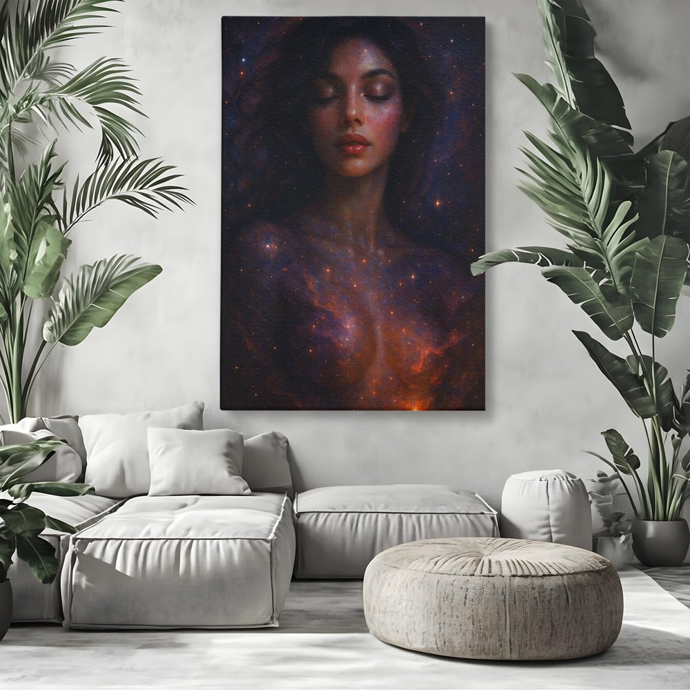 Tablou canvas cu tablou canvas cu femeie si galaxie, fara rama, pe sasiu de lemn, pe perete intr-un living